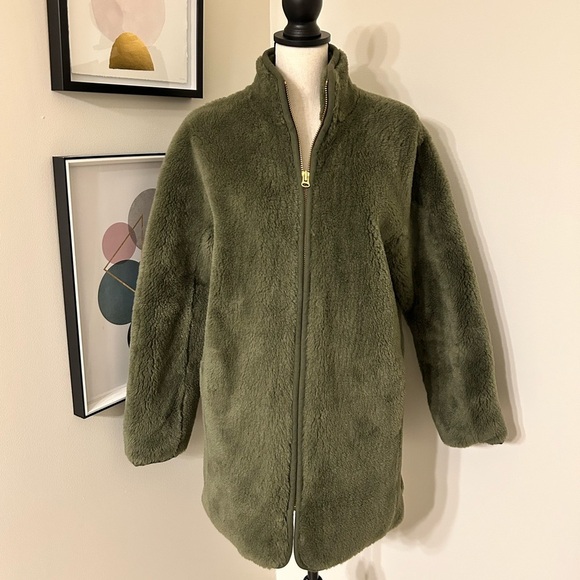 J Crew Hunter Green Teddy Bear Plush Sherpa Zip Up Fur Jacket SZ S - Picture 1 of 7